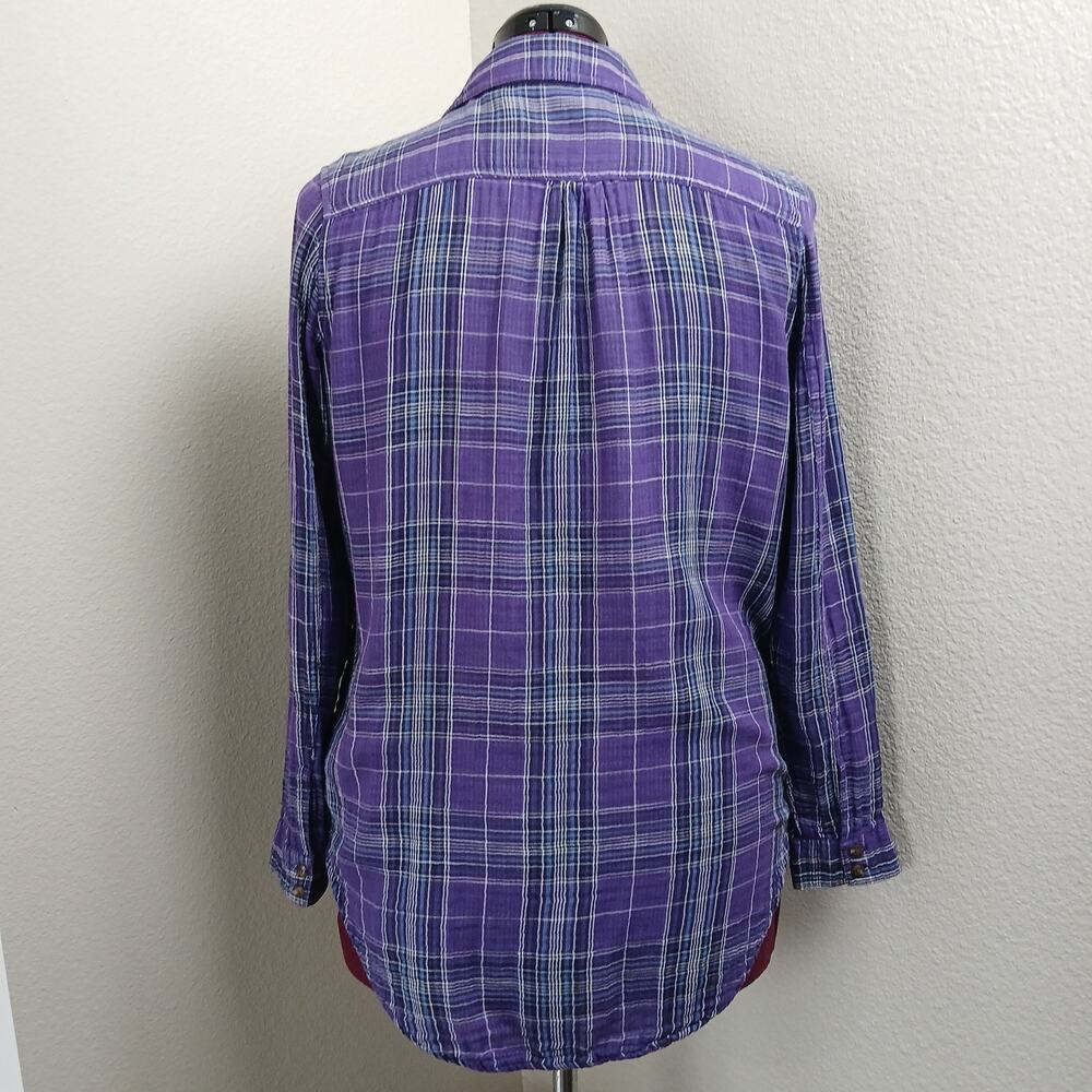 GNW Indigo Purple Plaid Double Layer Cotton Blouse M soft roll tab sleeves - Picture 4 of 12